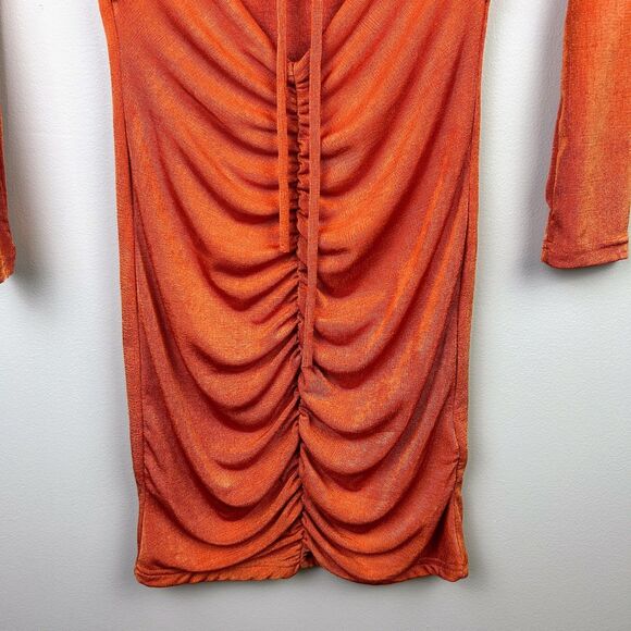 PepperMayo Cora Mini Dress Long Sleeve Bodycon Cut Outs Ruched Ring Tie Orange 4 - Picture 4 of 13